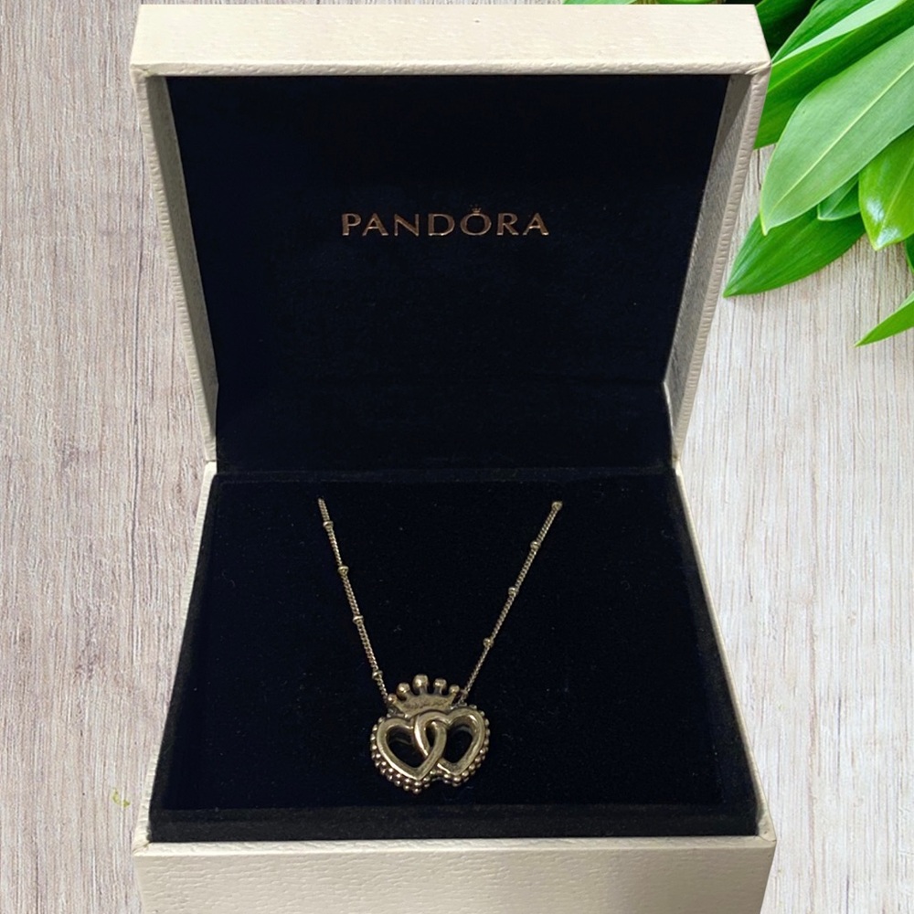 Pandora 925 Crown & Interwined 2 hearts Necklace with box